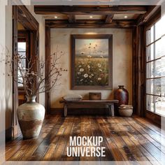 a living room with wooden floors and paintings on the wall above it that reads mockup universe