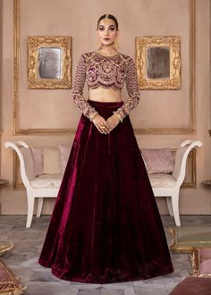 Bridal Wedding Dress in Velvet Lehenga and Choli Style Organza Choli, Choli Style, Kanwal Malik, Velvet Lehenga, Simple Lehenga, Lehenga Designs Simple, Velvet Dress Designs, Lehenga Blouse Designs, Bridal Wedding Dress