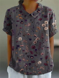 Women's floral art print casual  shirt Casual Blouse With Plant Print, Spring Floral Print V-neck Shirt, Collared Floral Print Patterned Shirt, Patterned Collared Shirt With Floral Print, Bohemian V-neck Shirt With Floral Print, Cotton V-neck Shirt With Floral Print, Collared Shirt With Floral Print In Patterned Color, Collared Shirt With Floral Print In Patterned Design, Casual Spring Blouse With Plant Print