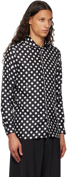 Silk twill shirt. Polka dot pattern and logo printed throughout. · Spread collar · Button closure · Shirttail hem · Single-button barrel cuffs Supplier color: Multi black Polka Dot Shirt With Button Closure For Work, Dot Shirt, Polka Dot Shirt, Twill Shirt, Silk Twill, Polka Dot Pattern, Black Silk, Moschino, Polka Dot