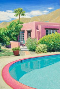 a painting of a house with a pool in the foreground and mountains in the background