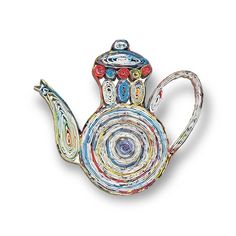 a multicolored glass teapot with swirls on it