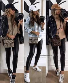 Casual Outfits With Black Leather Jacket, Leggings And Hat Outfit Casual, Casual Outfit Sneakers Women, Sport Bar Outfit, Trucker Hat Winter Outfit, Winter Football Outfit, Sixty Degree Weather Outfits, Nyc Cap Outfit, Black And White Sneakers Outfit