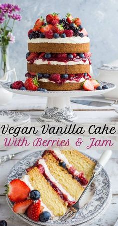 a cake on a plate with berries and blueberries in the middle, topped with vanilla frosting