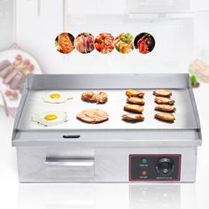 an electric griddle grill with eggs, sausages and other food items on it