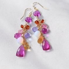 Magenta Quartz Multi Gemstone Earrings. Pink Gold Purple Quartz Gold Filled Earrings. Colorful Statement Jewelry. E90/22 - Etsy Multicolor Teardrop Earrings With Gemstone Accents, Multicolor Briolette Multi-stone Earrings, Multicolor Multi-stone Briolette Earrings, Multicolor Multi-stone Teardrop Earrings, Pink Multi-stone Round Earrings, Cluster Jewelry, Cherry Hill, Purple Quartz, Earrings Colorful