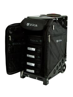 a black suitcase with four compartments and wheels