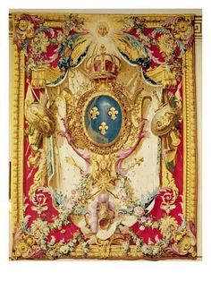 an ornately decorated wall hanging with gold, blue and red decorations on it's sides