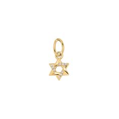 Celebrate your faith with our beautifully delicate Pavé Star of David Charm. Perfect to wear alone, on the same chain or layered with your favorite necklace. charm only star measures approximately 7.4mm x 7.4mm CZs are .8mm also available in 14k yellow gold Yellow Gold Star Of David Charms Jewelry, Yellow Gold Star Charm Pendant Necklace, Elegant Yellow Gold Star Of David Charm Necklace, Dainty Yellow Gold Star Charm Necklace, Yellow Gold Charm Necklace With Star Of David Charm, David Star, Tiny Tags, Nameplate Necklace, Remembrance Gifts