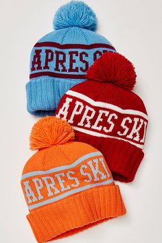 Sure to be a staple in your cold-weather accessories collection for countless years to come, this so cool beanie is featured in a classic knit fabrication with vintage-inspired Apres Ski printing and defined pom pom detail at top for the ideal finishing touch. | Apres Ski Team Pom Beanie by FP Movement at Free People, Sky Blue Retro Beanie Hat For Fall, Retro Winter Beanie Hat, Retro Winter Beanie, Retro Winter Hat, Vintage Winter Beanie Hats, Cool Beanies, Ski Team, Ski Print, Beanie Hats For Women