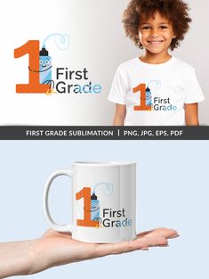 the first grade mug is being held by a child