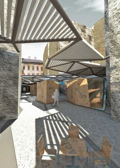 an artist's rendering of a courtyard with tables and chairs in the middle, surrounded by stone walls