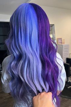 Vivid Vibes: Playful Hairstyle Ideas for Those Who Love Color Purple Split Dye, Angel Colors, Split Dye Hair Ideas, Dye Hair Ideas, Blue Tips Hair, Periwinkle Hair, Split Dye Hair, Funky Hair Colors, Half And Half Hair