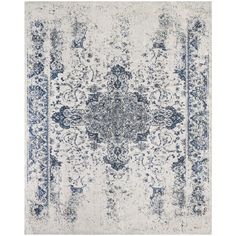 an area rug with blue and white designs on the front, in shades of gray