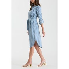 Step into style with the August Sky Women's Striped Front Button-Up Shirt Dress. Featuring a point collar and front button closure, this dress has long sleeves with button tabs for adjustable length. The back yoke and pinstripe print add a classic touch, while loops and a self-tie belt cinch the waist for a flattering fit. A front single patch pocket and U-hemline complete the look. Made from fabric with no stretch, this unlined dress is perfect for both casual and polished occasions. Spring Shirt Dress With Placket, Spring Shirt Dress With Button Cuffs, Spring Button-up Shirt Dress With Button Cuffs, Chic Shirt Dress With Placket For Spring, Spring Daywear Dresses With Placket, Spring Dress With Placket For Day Out, Spring Dresses With Placket For Day Out, Button-up Dress With Placket For Day Out, Casual Light Blue Midi Shirt Dress