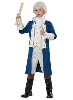 a young boy dressed in an american colonial costume holding a baseball bat and wearing black boots