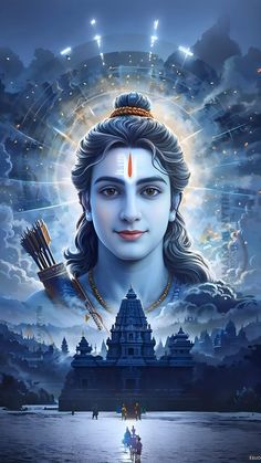 the face of lord rama in front of an image of clouds and buildings with lights