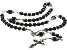 Sterling Silver Rosary Necklace Onyx with Crucifix & Miraculous Medal Black Onyx 8mm Bead Jewelry, Black Onyx Jewelry With 8mm Beads, Black Onyx 8mm Beads Jewelry, Elegant Black Rosary With 8mm Beads, Black Onyx Jewelry With Silver Beads, Black Gothic Jewelry With 8mm Beads, Black Sterling Silver Jewelry With Polished Beads, Black Sterling Silver Jewelry With 8mm Beads, Silver Onyx Round Bead Jewelry