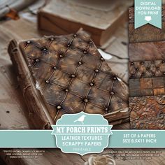 an old leather book with buttons and rivets sitting on a wooden table next to other books