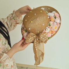 Straw hat with flowers and pearls Beaded Straw Hat, Spring Straw Hat For Western-themed Events, Straw Hat With Flowers, Summer Style Beaded Wide-brim Straw Hat, Multicolor Flower-shaped Summer Hat, Hat With Flowers, Flowers And Pearls, Straw Hat, First Home