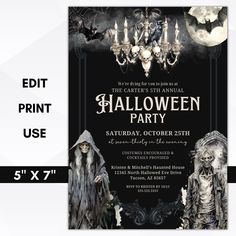 a halloween party flyer with an image of a skeleton and ghost on the front, surrounded by spooky decorations