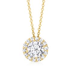 Ross-Simons - 1.00ct t. w. Lab Grown Diamond Halo Pendant Necklace in 14kt Yellow Gold. 18". Set your sights on a dazzling signature style! Our stunning pendant necklace spotlights an .80 carat round brilliant-cut lab-grown diamond with a classic halo of more petite round brilliant-cut lab-grown diamonds totaling .20 carats. Crafted in polished 14kt yellow gold and suspended from a cable chain with a 2" extender. Lab-grown diamonds are identical to mined diamonds according to their optical, phys Dazzling Yellow Gold Diamond Necklace With Halo Setting, Luxury Yellow Gold Diamond Necklace With Halo Setting, Timeless Yellow Gold Necklace With Halo Setting, Formal Yellow Gold Diamond Necklace With Halo Setting, Classic Yellow Gold Diamond Necklace With Halo Setting, Formal Yellow Gold Solitaire Necklace With Halo Setting, Classic Yellow Gold Necklace With Halo Setting, Yellow Gold Halo Setting Round Cut Necklace, Yellow Gold Necklace With Round Cut Halo Setting