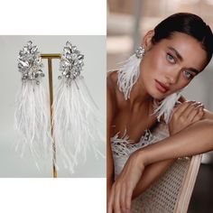 Handmade earrings Chic White Crystal Earrings For Party, Elegant Silver Feather Earrings, Elegant Feather Dangle Earrings, Elegant Dangle Feather Earrings, Elegant Dangle Earrings With Feathers, White Feather Dangle Earrings, Elegant Feather Dangle Jewelry, Elegant Feather Earrings For Gift, Elegant Feather Drop Earrings