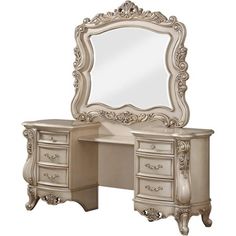 an antique style vanity with mirror and drawers