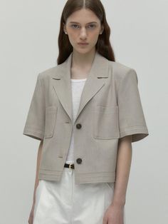 Linen Tweed Jacket With Patch Pockets For Work, Spring Linen Tweed Jacket With Pockets, Beige Collared Blazer For Workwear, Beige Collared Blazer For Work, Modern Structured Beige Outerwear, Modern Cream Outerwear For Work, Collared Beige Blazer For Business Casual, Beige Linen Outerwear With Hidden Button Closure, Beige Collared Blazer For Business Casual