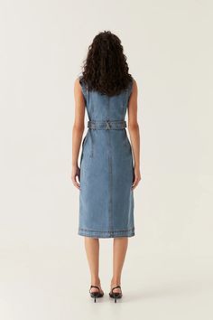 Darcie Denim Midi Dress | 90's Wash | Aje – Aje ROW Chic Belted Denim Dress For Work, Belted Knee-length Denim Dress, Knee-length Belted Denim Dress For Work, Casual Fitted Midi Belted Dress, Casual Fitted Midi Length Belted Dress, Fitted Casual Midi Belted Dress, Short Sleeve Belted Denim Workwear Dress, Belted Midi Denim Dress For Work, Belted Denim Dress With Short Sleeves For Work