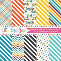 digital paper pack featuring colorful stripes, trucks and polka dot designs for scrapbooking