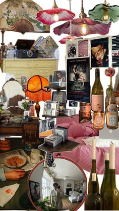 a collage of wine bottles, lamps and other items are arranged on a table