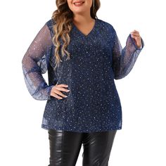 Designed to make a statement, this blouse is perfect for creating trendy and eye-catching festival outfits that will turn heads wherever you go. The long sleeves and v-neckline add an elegant and fashionable touch to your ensemble, elevating your style game. Featuring rhinestone details and glitter embellishments, this blouse provides a dazzling and glamorous look that catches the light and creates a mesmerizing effect. Sparkle and shine as you dance the night away, making a memorable impression Blue Long Sleeve Winter Blouse, Glamorous Long Sleeve Winter Top, Long Sleeve Tops For Winter Party, Long Sleeve Party Top For Winter, Long Sleeve Winter Party Tops, Glamorous Long Sleeve Top For Summer, Glamorous Long Sleeve Tops For Party Season, Winter Party Long Sleeve Tops, Winter Long Sleeve Sequin Top