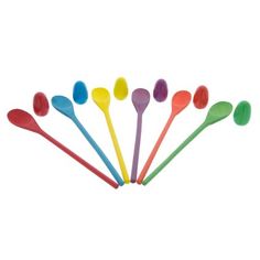 six plastic spoons are lined up in a row on a white background, with one colored spoon sticking out from the top