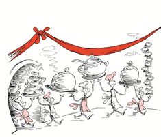 an image of cartoon characters with teapots and kettles in the air on red ribbon