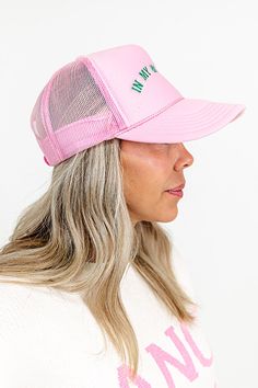 -Fun embroidered lettering " In My Mom Era " -Seamless foam front panel with breathable mesh backing -Adjustable snap closure Mesh Baseball Cap With Letter Print And Curved Brim, Pink Snapback Hat For Spring Sports, Pink Snapback Hat For Sports In Spring, Casual Pink Mesh Baseball Cap, Pink Sports Hat With Letter Print, Pink Letter Print Sports Hat, Pink Mesh Baseball Cap For Summer, Pink Mesh Hat With Curved Brim, Pink Letter Print Snapback Hat With Curved Bill