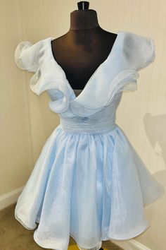 Ruffles V Neck Light Blue Organza Short Dress – Dressesforparty Fitted V-neck Organza Dress, Blue Ruffled Mini Dress For Prom, Light Blue Ruffled V-neck Mini Dress, Light Blue V-neck Mini Dress With Ruffles, Light Blue Ruffled Dresses For Prom Season, Light Blue Ruffled Dresses For Prom, Light Blue Dress With Sweetheart Neckline And Ruffles, Light Blue Sweetheart Neckline Dress With Ruffles, Light Blue Ruffled Evening Dress