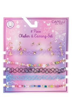 Up your little one's accessory game with this playful pack of assorted chokers and earrings featuring a range of shiny and colorful styles. Adult supervision strongly recommended; jewelry presents choking hazard and should be removed when infant or small child is unattended Pack of five assorted chokers and three assorted earring pairs Goldtone plate/plastic Imported Playful Assorted Color Jewelry For Gifts, Playful Assorted Jewelry For Gifts, Playful Assorted Jewelry For Birthday, Playful Assorted Jewelry For Birthdays, Assorted Adjustable Jewelry For Party, Trendy Assorted Party Jewelry, Trendy Plastic Jewelry For Birthdays, Cute Adjustable Assorted Color Jewelry, Cute Adjustable Assorted Jewelry