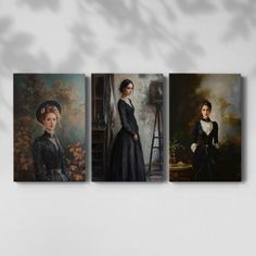 three paintings of women in black dresses