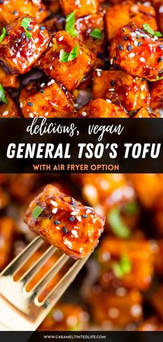 a fork with some food on it and the words delicious, vegan general tso's tofu