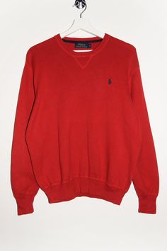 "Ralph Lauren Polo cotton sweater in red.  - Size tag:  Men's S. - Measurements (laying flat): Please always check measurements before buying. Pit to Pit: 22.5\" Length: 24.5\" Sleeve: 23\" Pit to Cuff: 17\" Across the Shoulders: 18.5\" -Wear: /Please see images for details/ Good used condition, small rip as shown on the picture. - Fabric: Cotton *All of our items are preloved pieces so some signs of natural wear and age are to be expected. Please look through the photos carefully to check if th Red Ralph Lauren Sweater, Red Polo Sweater Outfit, Polo Sweater Outfit, Red Polo, Polo Sweater, Ralph Lauren Outfits, Ralph Lauren Polo, Red Sweaters, Cotton Sweater