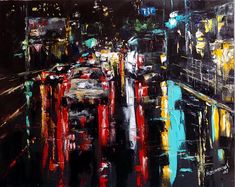 an abstract painting of city street at night