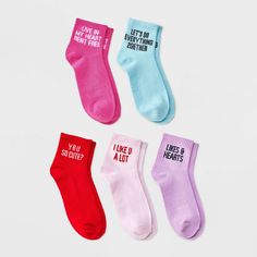 Give your accessorizing game a fun spin this holiday season with these Women's Valentine's Day Ribbed 5pk Ankle Socks Lavender/Red - 4-10. It features assorted Valentines Day themed elements that give a fun, quirky vibe. Made from lightweight and soft fabric, these socks offer cozy comfort. Create a laid-back aesthetic with these women's socks. Valentine Package, Galentines 2025, Galentines Ideas, Vday Party, Galentines Valentines, Adult Valentines, Embroidered Socks, Galentines Gifts, Creative Gifts For Boyfriend