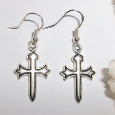 This Unique Earring Set Is Brand New And Handmade By Me - Wvluckygirl. Done With Gothic Style Silver Toned Costume Jewelry Crosses That Were Antiqued In Black. The Pair Dangle & Drop From 925 Sterling Silver French Fish Hook Ear Wires For Pierced Ears. 1 5/8 Inches Tall & 5/8 Inches Wide. Each Single Earring Weighs 1.1 Grams. Very Lightweight! Makes A Great Gift Idea! Rock Ban Rocker Goth Gothic Simple Minimalist Every Day Everyday Casual Style Fashion Accessory For Her Him Present Girl Boy Man Unique Earring, Edgy Jewelry, Cross Earrings, Cross Jewelry, Gothic Style, Modern Earrings, Single Earring, Pierced Ears, Fish Hook