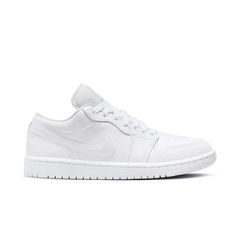 Jordan 1 Low "White/White/White" Women\'s Shoe View 1 Classic White Everyday Sneakers, Jordan Lows, Air Jordan 1 Low White, Jordan 1 Low White, Jordan Low, Low Top Jordans, White Jordans, Nike Air Jordan 1 Low, White Shoes Women