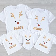 "These cute matching reindeer family shirts features a mommy, daddy, sister, brother, baby reindeer in a festive holiday design. You can also have the names of your family members printed instead! Made with high-quality materials for a comfortable fit, this shirt is perfect for family photos or holiday gatherings. Available in a variety of sizes to fit the whole family. You can get our Matching Xmas Tees in a variety of sizes from Newborn to 3XL. Please see the pictures in the listing above for the sizing charts. If you looking for a special Christmas Shirt design? Please feel free to send us a message for your custom orders. ------HOW TO ORDER------ 1. Select the tshirt size (sizing chart above) 2. Select your family's last name you would like printed on the shirt. Enter customization in Rudolph Christmas Shirts For Family, Family Matching Letter Print Holiday Tops, Family Matching Holiday Tops With Letter Print, Holiday Family Letter Print Tops, Holiday Letter Print Tops For Family, Letter Print Tops For Family Holiday, Holiday Tops With Letter Print, Family Matching White Holiday Tops, White Family Matching Holiday Tops