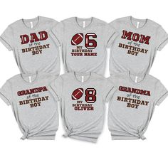 Birthday Football Family T-shirt, Custom Football, Football Theme Birthday  Shirt ,Birthday Shirt,Football birthday party, Birthday crew, My first birthday shirt * Please review all size charts displayed in the product images. The sizing chart includes the measurements of one side of the shirt, not the circumference. * Sizing might differ 1" (+-) from brand to brand. We recommend you to size up of you're between two sizes. * We're working with different shirt brands based on the color/size avail Team Spirit Birthday T-shirt With Name Print, Sporty T-shirt With Team Name For Birthday, Customizable Team Spirit Tops For Birthday, School Spirit Short Sleeve Birthday T-shirt, School Spirit Short Sleeve T-shirt For Birthday, Customizable Team Spirit T-shirt For Birthdays, Customizable Team Spirit T-shirt For Birthday, School Spirit T-shirt With Team Name For Birthday, Customizable School Spirit T-shirt For Birthday