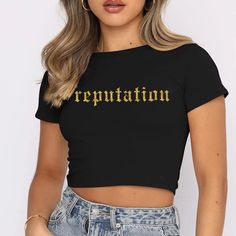 This Reputation crop shirt is black with the design in the color of your choice! Handmade by a fellow fan.

See size chart in the item details below.

Shop our entire Eras Collection here. Rep Taylor Swift, Reputation Concert, Taylor Swift Crop Top, Reputation Taylor Swift, Concert Top, Crop Top Shirt, Taylor Swift Concert, Crop Top Shirts, Pinterest Closet