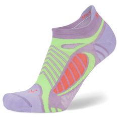 the women's no show socks are purple and green with orange details on them