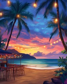 a painting of a tropical beach with palm trees and lights strung from the ceiling above it